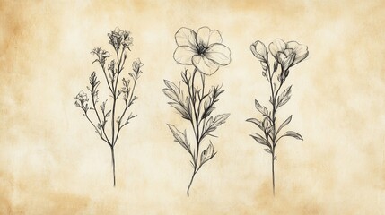 Delicate hand drawn floral sketches featuring vintage tones on aged paper with balanced golden ratio aesthetics