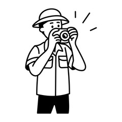 A character doing safari photography with his camera, doodle icon 
