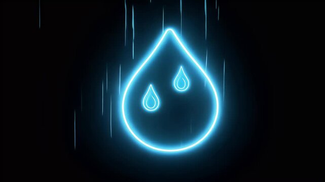 video of neon outlined animated raindrop icon glowing dark backdrop symbolizing weather patterns water elements eye catching motion design