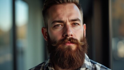 Obraz premium A man with a hipster beard wearing a checkered shirt stands indoors with a blurred background.