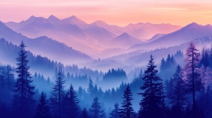 Obraz premium Misty mountain range at sunrise with dense forest silhouettes.