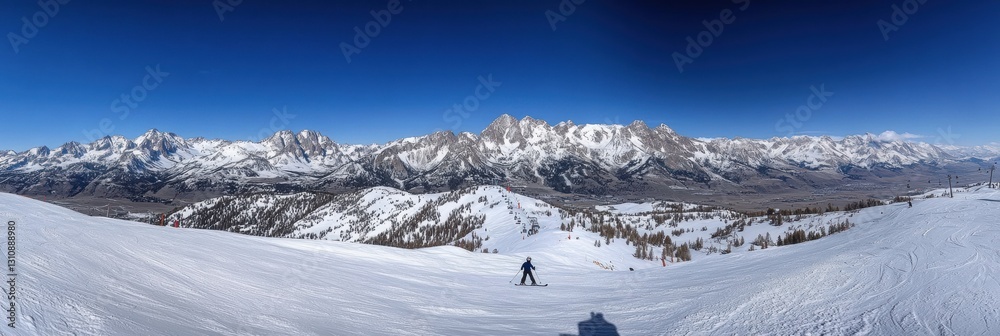 Poster skier curves down snow covered peak with majestic mountains in the background during clear weather g