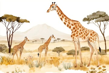 Obraz premium Giraffes enjoying african savanna landscape with Kilimanjaro mountain