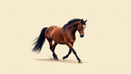 A majestic horse brand showcasing a beautiful brown horse with a black mane and tail, trotting gracefully on a light background