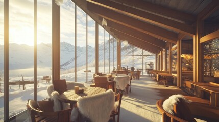 Fototapeta premium Cozy winter caf with wooden tables, fur throws on chairs, and a warm ambiance.