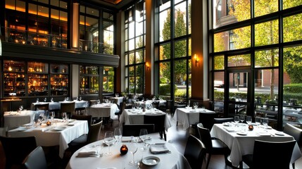 Elegant fine dining establishment with floor-to-ceiling windows, ambient lighting, and a stylish entrance.