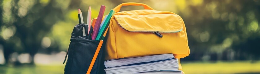 Naklejka premium A vibrant, colorful backpack sits on a wooden table, overflowing with an assortment of textbooks, notebooks, and a variety of pencils, showcasing a perfect study setup.