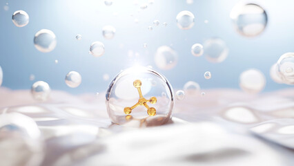 3D illustration of a collagen molecule encapsulated in a serum bubble, representing hydration, anti-aging, and skin nourishment. A futuristic concept for skincare and dermatology. © ATKWORK888