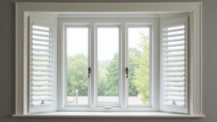 A jalousie window louver with white shutters partially open, revealing a view of green trees outside.