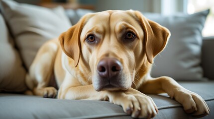 Golden Labrador Retriever resting on a comfortable couch indoors, looking directly at the camera with a calm expression, soft natural lighting, cozy home setting, relaxed atmosphere

