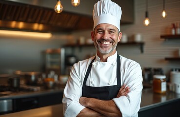 Smiling caucasian middle aged male chef in chefs hat stands in restaurant kitchen with arms crossed. Mature cook wears apron. Portrait of happy professional epicure, gastronomy expert. Food service