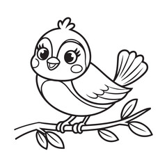 Cute Cartoon Bird Sitting on Branch - Black and White Line Art Vector