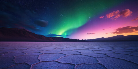 stunning salt desert at dawn, illuminated by vibrant green and purple aurora, creating magical atmosphere. landscape features unique hexagonal patterns on ground