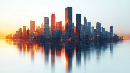 Naklejka premium Cityscape at sunrise, reflecting on water. Modern urban skyline.