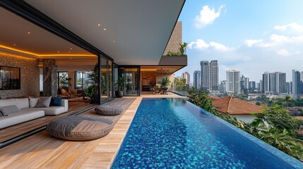 Modern penthouse with infinity pool and city view.