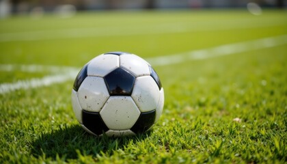 Soccer ball rolling on grass field outdoor sports event athletic ground close-up view game concept