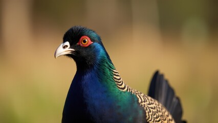 A close-up of a melanistic pheasant with vibrant blue and green plumage and a striking red eye ring.