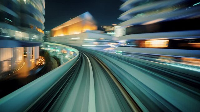 K Motion timelapse POV shot from automated train at night in Tokyo, Japan.