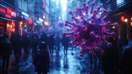 Microscopic view of a virus with a spherical structure and spike-like projections,