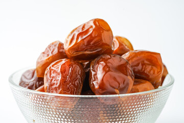 Dates fruit sukari or kurma sukari, in bowl isolated on white background