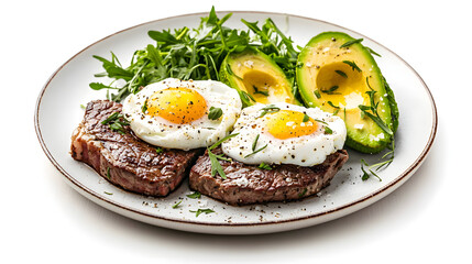 Modern Health-Conscious Breakfast Plate with Steak, Eggs, Avocado, and Fresh Greens