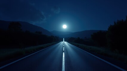 A moonlit road stretches into the distance, illuminated by the full moon in a serene night landscape.