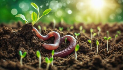 Worms enriching soil for seedling growth garden nature photography bright environment close-up