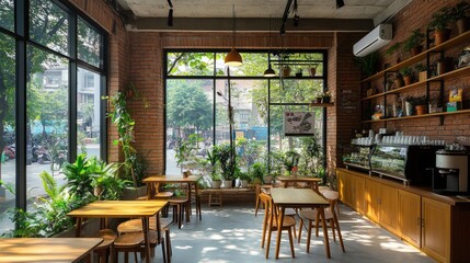 Fototapeta premium Nature-inspired caf with bamboo tables, plant decor, and comfortable seating.