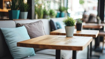 Nordic-style caf with clean lines, wooden tables, and upholstered seating.