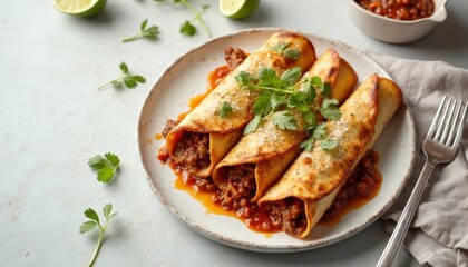 Delicious Beef Taquitos with Sauce and Cilantro, Culinary Photography
