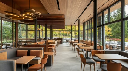 Fototapeta premium Nordic-style caf with clean lines, wooden tables, and upholstered seating.