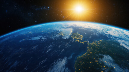 Fototapeta premium stunning view of Earth from outer space, showcasing planet curvature, illuminated by sun. vibrant colors of land and ocean create breathtaking scene