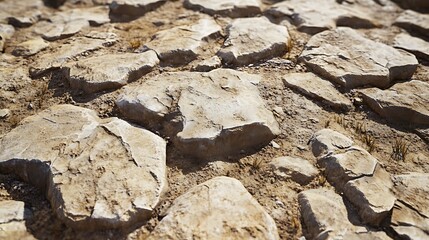 Fototapeta premium A close-up view of cracked, dry earth with large stones scattered throughout.