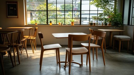 Fototapeta premium Scandinavian-style caf interior with light wood tables and neutral-toned chairs.