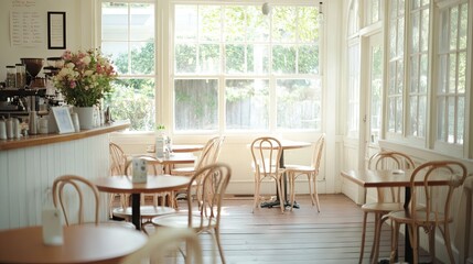 Fototapeta premium Scandinavian-style caf interior with light wood tables and neutral-toned chairs.