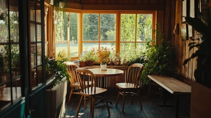 Small-town caf with vintage wooden furniture, cozy corners, and natural lighting.