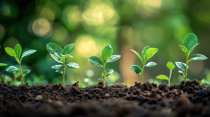 Naklejka premium Group of young plants sprouting together from rich soil in a lush garden setting, representing unity and life