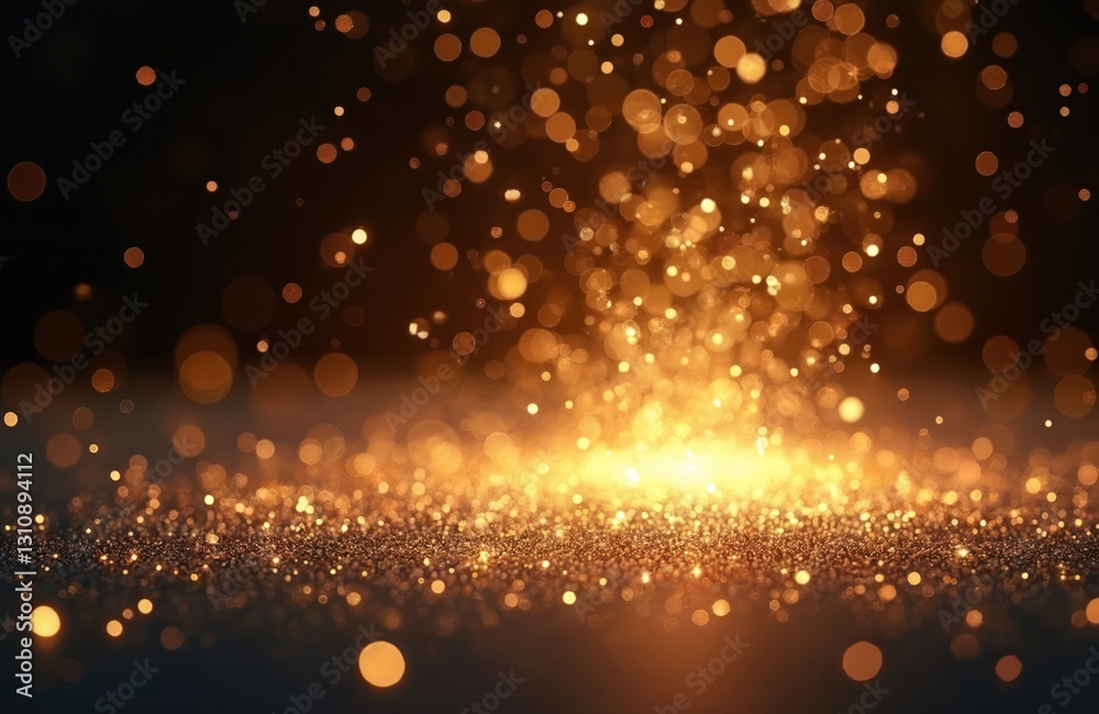 Poster golden shiny dust particles falling with bokeh effect. magic glow and glitter. luxury festive backgr