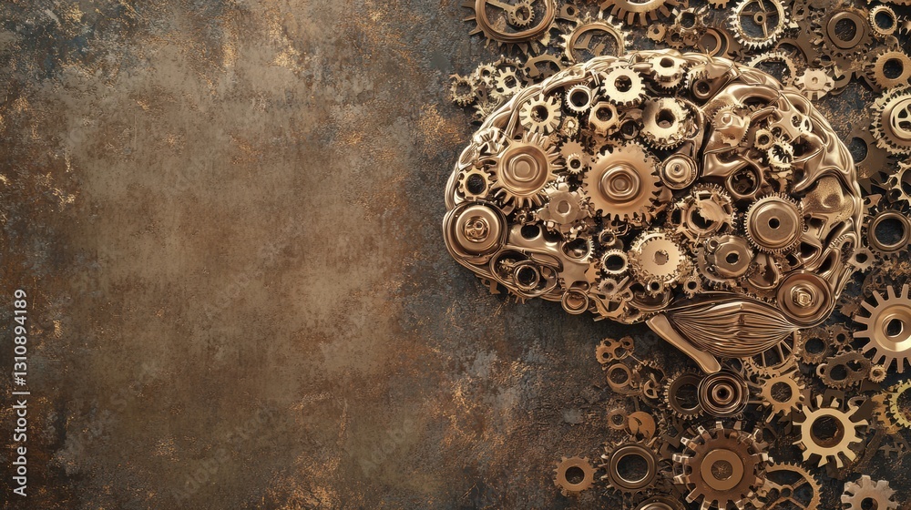 Poster Steampunk brain design featuring intricate gears and mechanical elements with a metallic finish and warm accents Generative AI