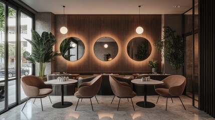 Stylish hotel buffet with large wall mirrors reflecting an abundance of delicious dishes.
