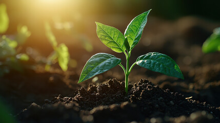 Young plant growing resiliently in the dirt surrounded by nature with a focus on healthy roots and green leaves
