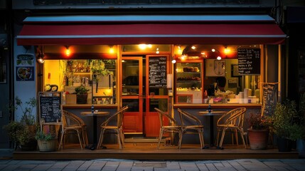 Naklejka premium Stylish restaurant exterior with a welcoming patio, warm lights, and decorative plants.