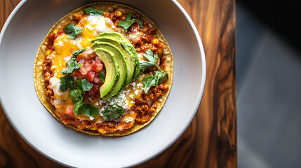 Delicious Mexican Taco with Avocado, Cheese, and Salsa on a White Plate