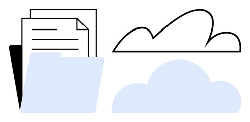 Folder containing papers beside cloud icons highlights storage, file organization, and data access. Ideal for organization, filing, data sharing, cloud computing, storage, digital workflow remote