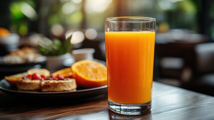 Fototapeta premium Glass of orange juice with breakfast pastries and fruit on a table.
