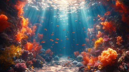 Fototapeta premium Underwater scene depicting a vibrant coral reef with colorful corals and marine life.
