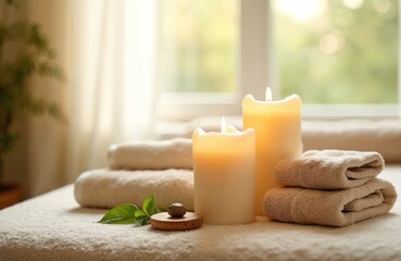 Spa still life with burning candles, towels on massage table. Zen composition. Aromatherapy ambiance in beauty salon for relaxation, calmness, wellness. Soothing spa treatment for rejuvenation.
