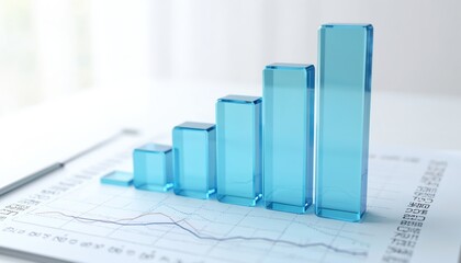3D rendering of data bar graph with upward trend made of blue glass material on financial paper sheet with line chart. Abstract statistic analysis, growth presentation for business.