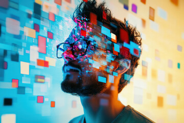 A man whose head is replaced by a dynamic, digital art frame cycling through joyful expressions, illustrating the facade of continuous happiness