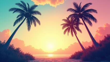 Palm tree artwork depicting a serene beach sunset with vibrant colors and silhouetted palm trees.